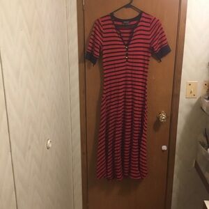 Lauren Ralph Lauren Red Blue Stripped  Waffle Knit Henley Button Down Dress M